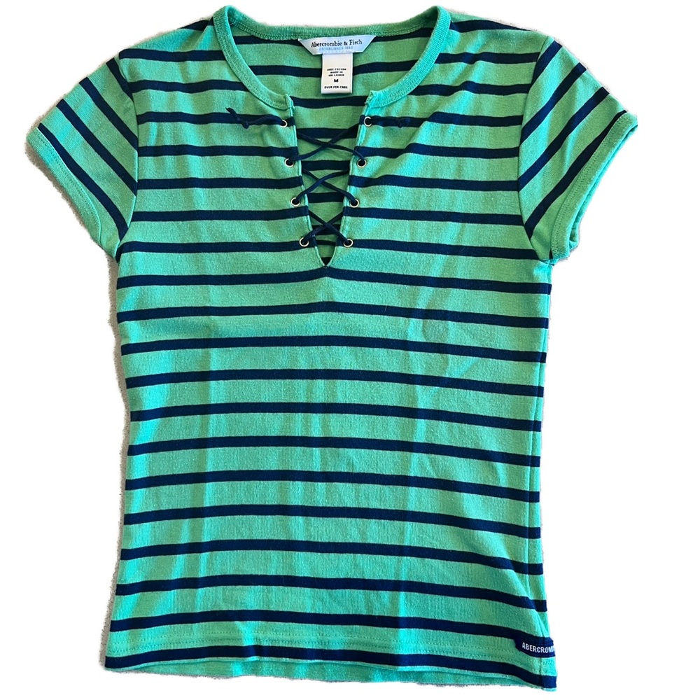 Abercrombie & Fitch Y2K Green and Navy Striped Tee Sz Medium